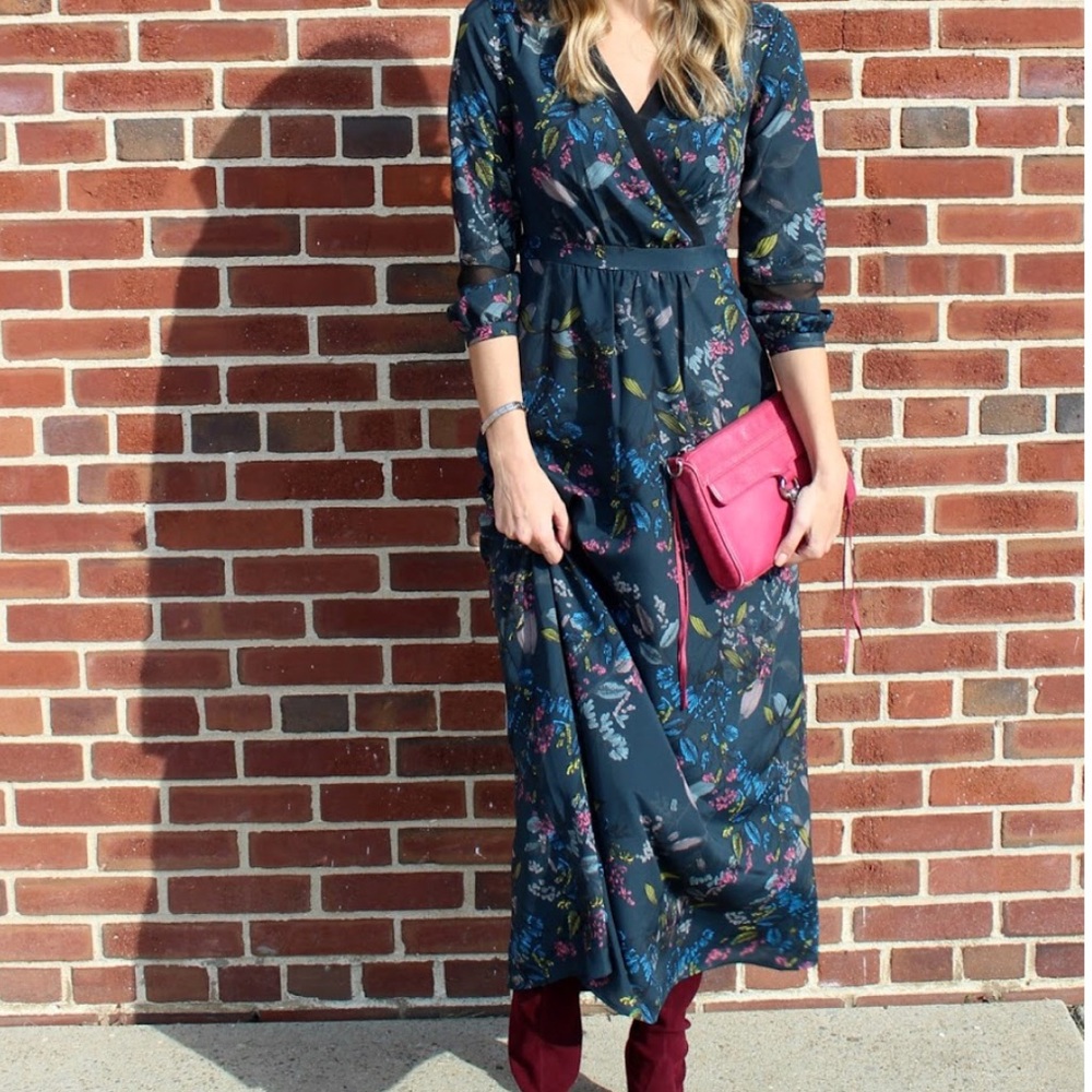 Long emerald and floral maxi dress